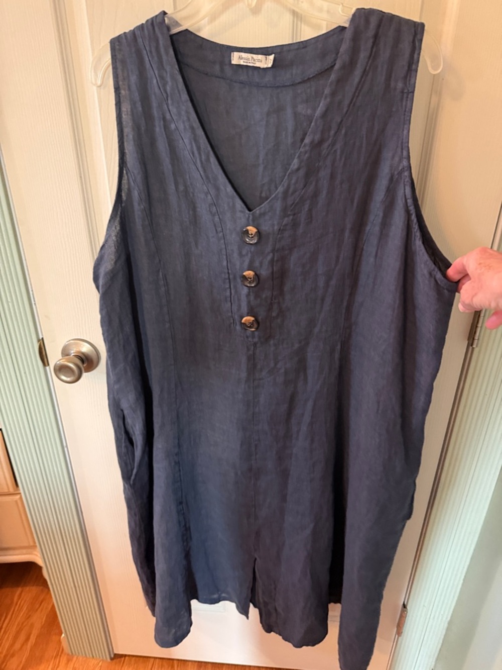 Alessia Pacini Sleeveless V-Neck Linen Tunic with Button Detail - Slate Blue